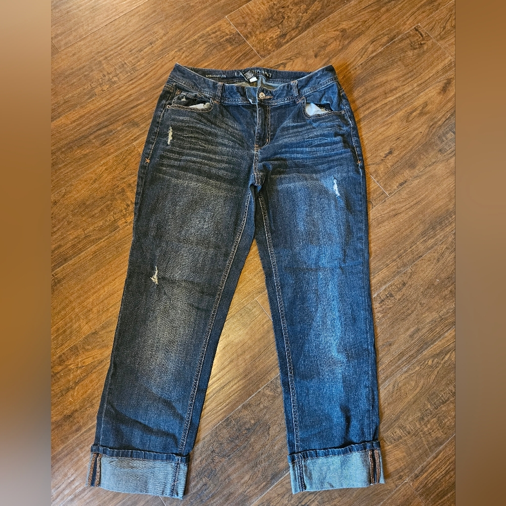 Women's Lane Bryant Plus Cuffed Jeans Sz 14 Dark Wash Stretch Distressed  #33